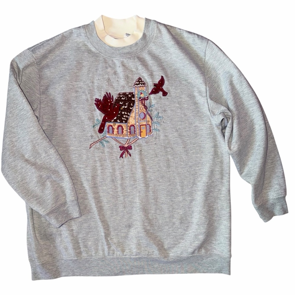 Vintage Bobbie Brooks grey red cardinal gingerbread‎ house sweatshirt. Size XL